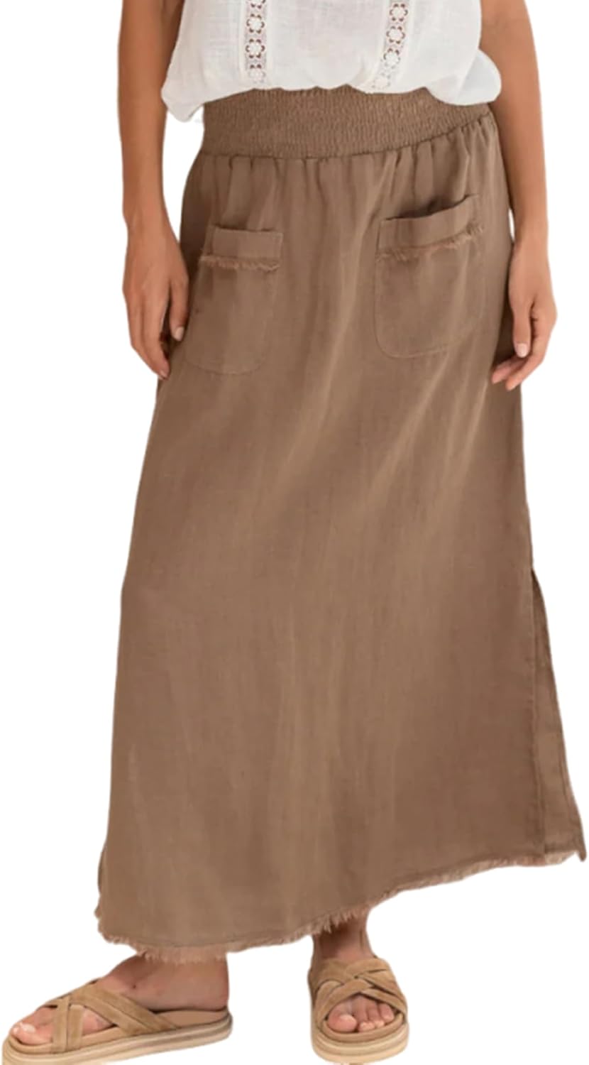 Songling Women Linen Maxi Skirt A-Line Elastic Waisted Long Skirt Casual Side Slit Skirts with Pockets 2026 Summer Clothes
