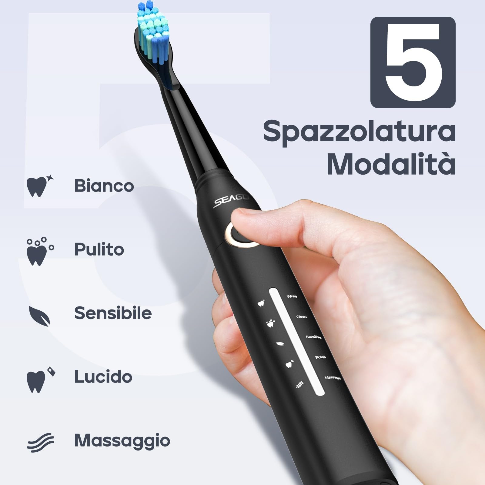 Seago Spazzolino Elettrico Spazzolino Da Viaggio Spazzolini Elettrici Per Adulti e Bambini 8 Testine Spazzolino 5 Modalità Spazzolino Da Denti Ricaricabile SG-958 (Nero)