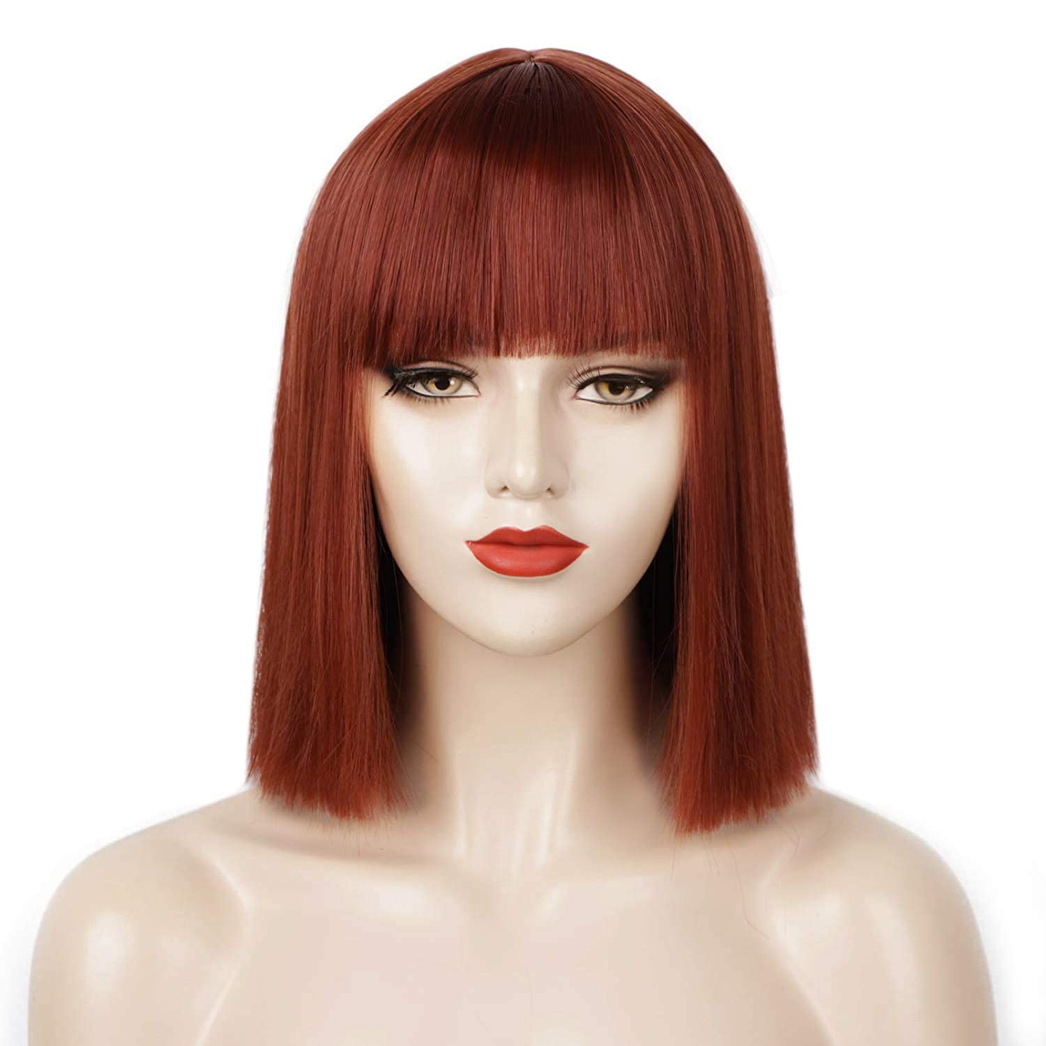 ENTRANCED STYLES Auburn wig with Bangs Short Bob Wigs for Women Dark Orange Synthetic Straight Hair Bob Cut Wig Copper Red Shoulder Length Fashion Colored Wigs Daily Party Cosplay Use