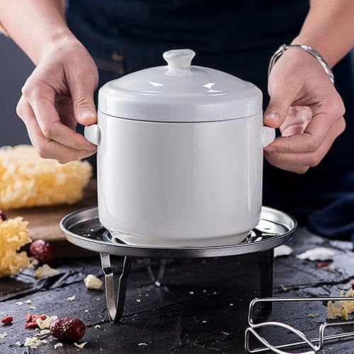 Miniatura 7 de Hemoton Olla de cerámica blanca de 9.3 fl oz con tapa, cuenco de sopa de vapor con asas, taza de vapor, cuenco de fideos, olla de cocina para