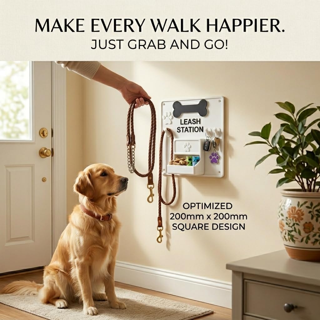 Dog Leash Station Wall Mount - Leash Holder with Key Hooks, Treat & Poop Bag Compartment, Includes Screws & Adhesive Tape