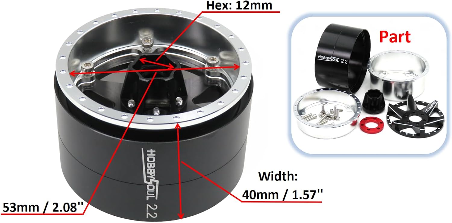 HOBBYSOUL Adjustable 4 Negative Offsets 2.2 Beadlock Wheels Wide 40mm Rims 6 Spokes Silver Black color For RC 1/10 Crawler Gen8 Everest gen 7 Pro / SCX10 Capra Wraith / TRX4, (4-Pack)