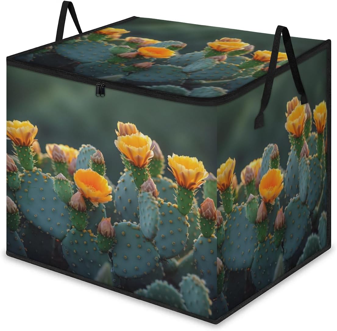 Honeybaby 214L Extra Large Comforter Storage Bag Cactus Flower Storage Totes with Lids Waterproof Closet Organizer Folding Blanket Storage Bags for Clothes Bedding Pillows