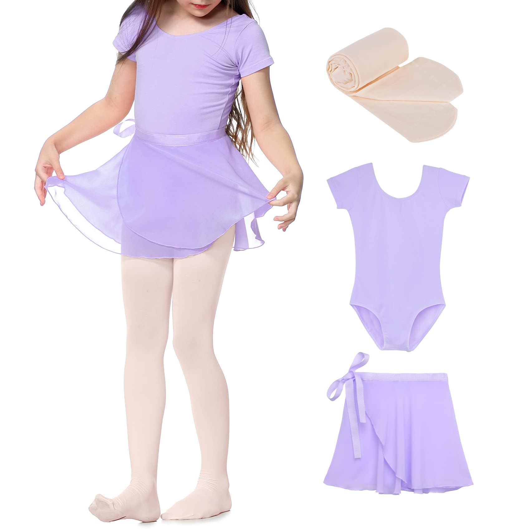 Durio Children's Ballet Clothing Girls Ballet Dress Dance Dress Girls Cotton Short Sleeve Ballet Jersey with Skirts and Leggings