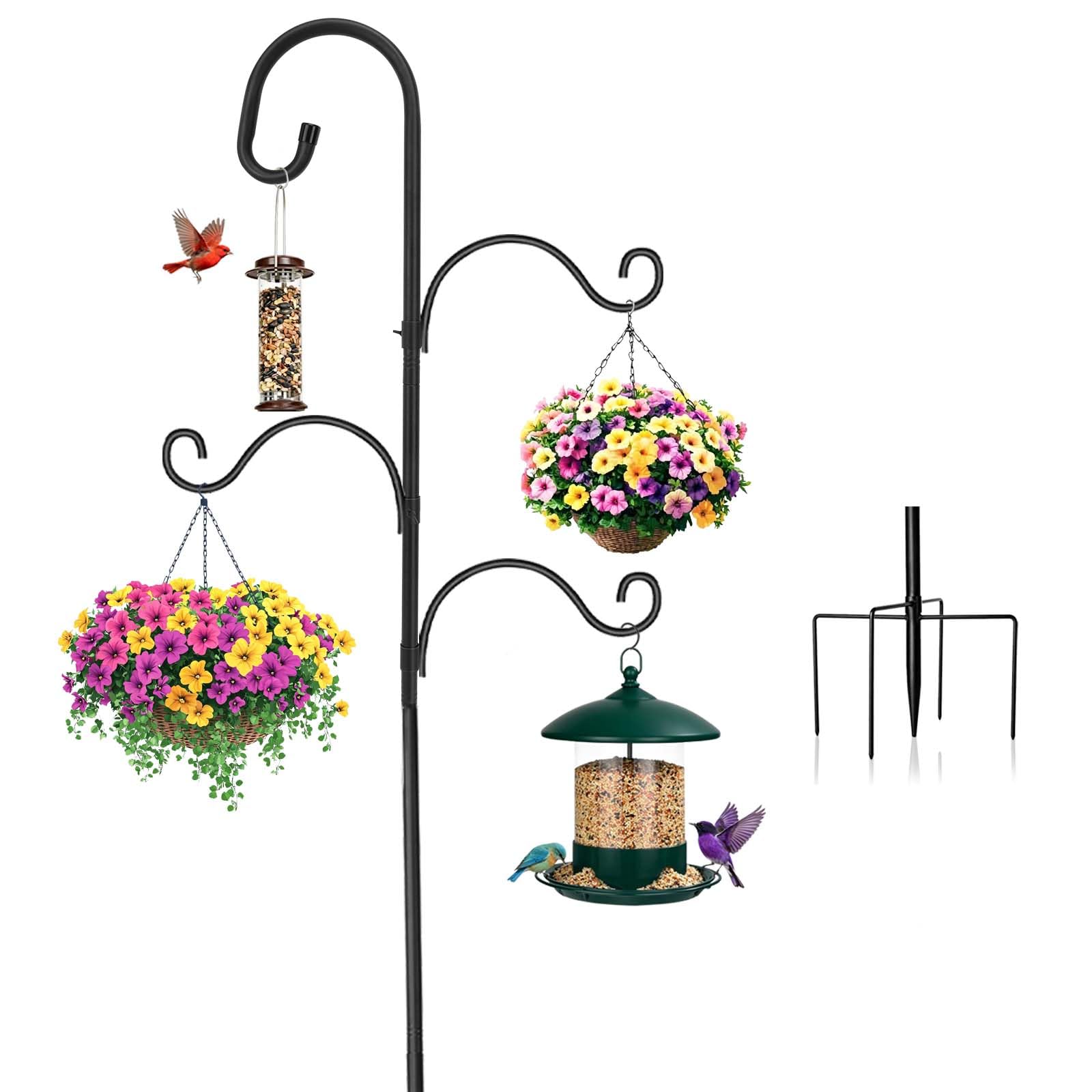 Bird Feeding Station – Heavy Duty Adjustable Bird Feeder Stand with 4 Shepherd’s Hooks, 77in/195cm Metal Pole for Garden, Outdoor Bird Table & Hanging Feeder Holder, Rust-Resistant 5-Prong Base
