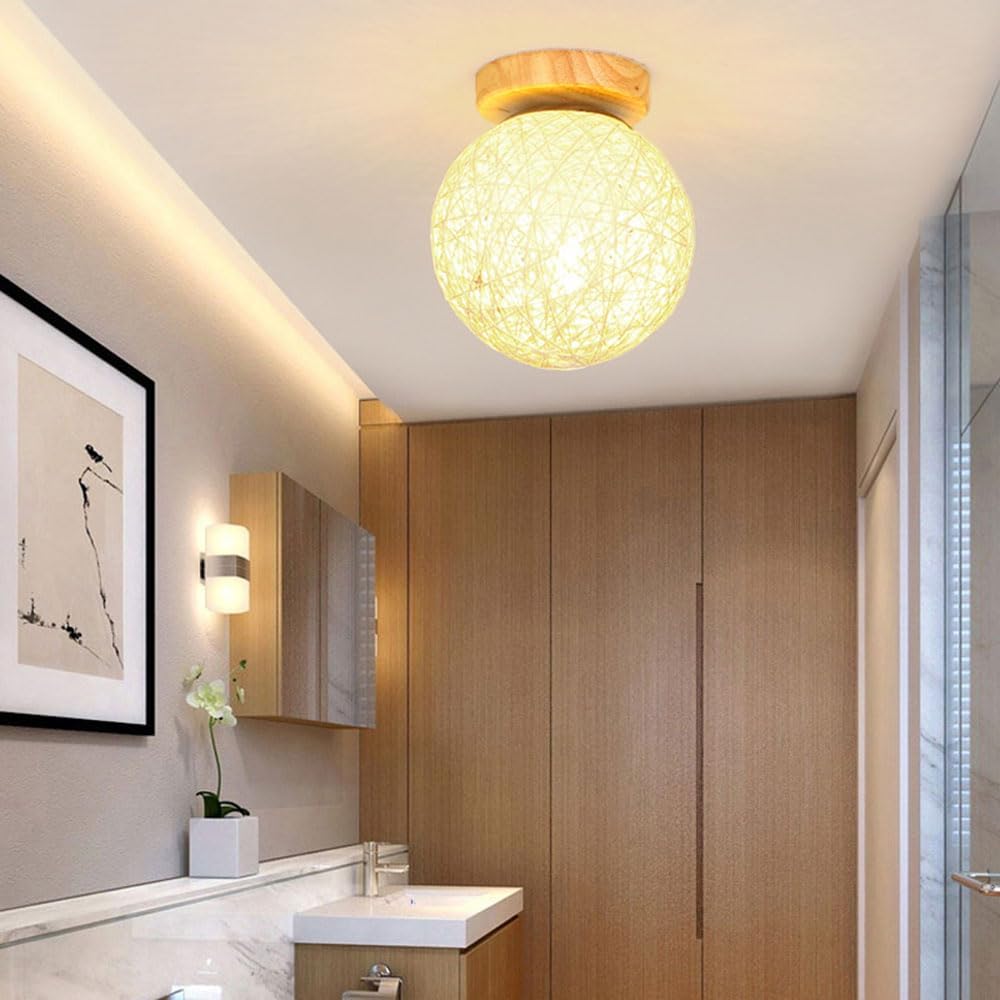 Beige Semi Flush Mount Ceiling Light Close to Ceiling Light Fixtures Wooden Ceiling Lamps Hand Woven Lampshades Easy to Install Lighting Fixture for Bedroom, Entryway, Corridor