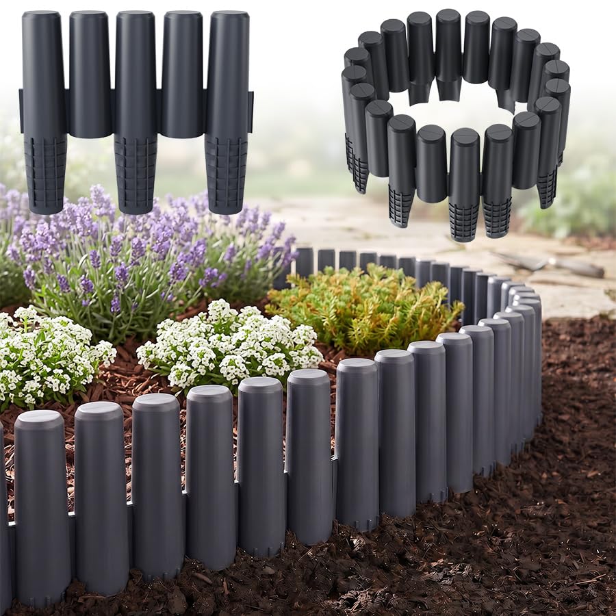 SAILUN Decorative Garden Border Edging, Weatherproof Plastic Picket Fence, UV Resistant Imitation Wood Fence for Flower Bed & Lawn, Garden Paths (Anthracite, 30-pack, total length: 8.4m)