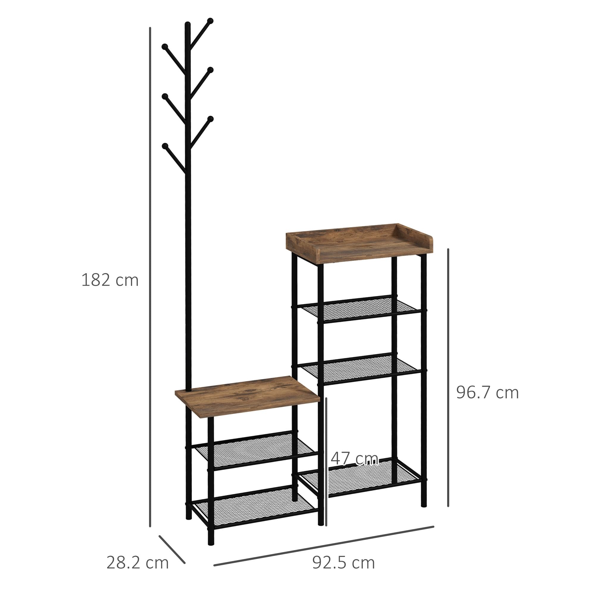 HOMCOM Meuble d'entrée vestiaire entrée 2 en 1 Design Industriel Porte-Manteaux et étagères à Chaussures en Acier - 92,5 x 28,2 x 182 cm Noir