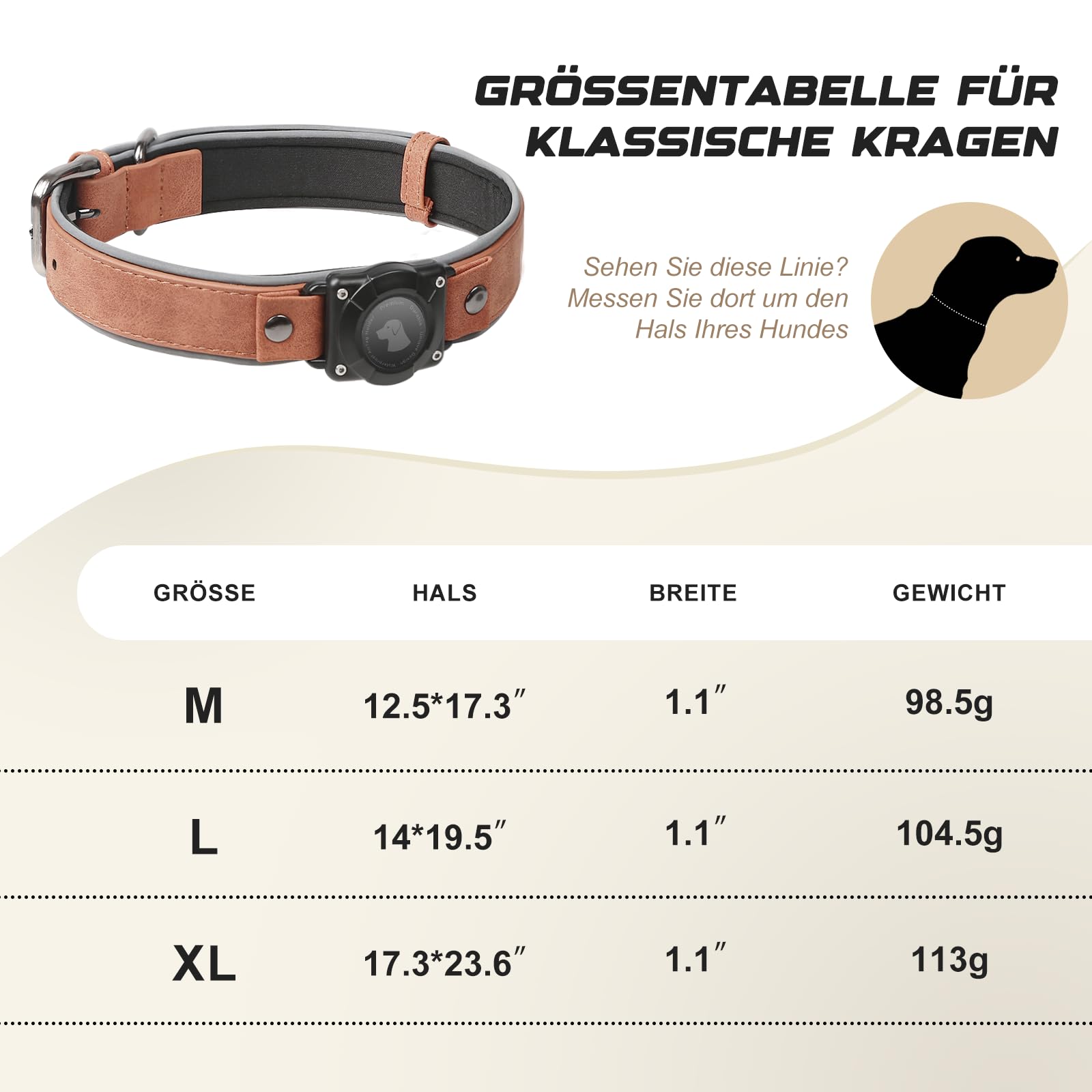 Halsband Hund Leder mit Air Tag Halter, Airtag Hundehalsband IPX8 Wasserdicht, Handgefertigt, Weich und Bequem, Reflektierend, Verstellbare Polsterung, Geeignet für Mittlere Große Hunde (Braun, XL)