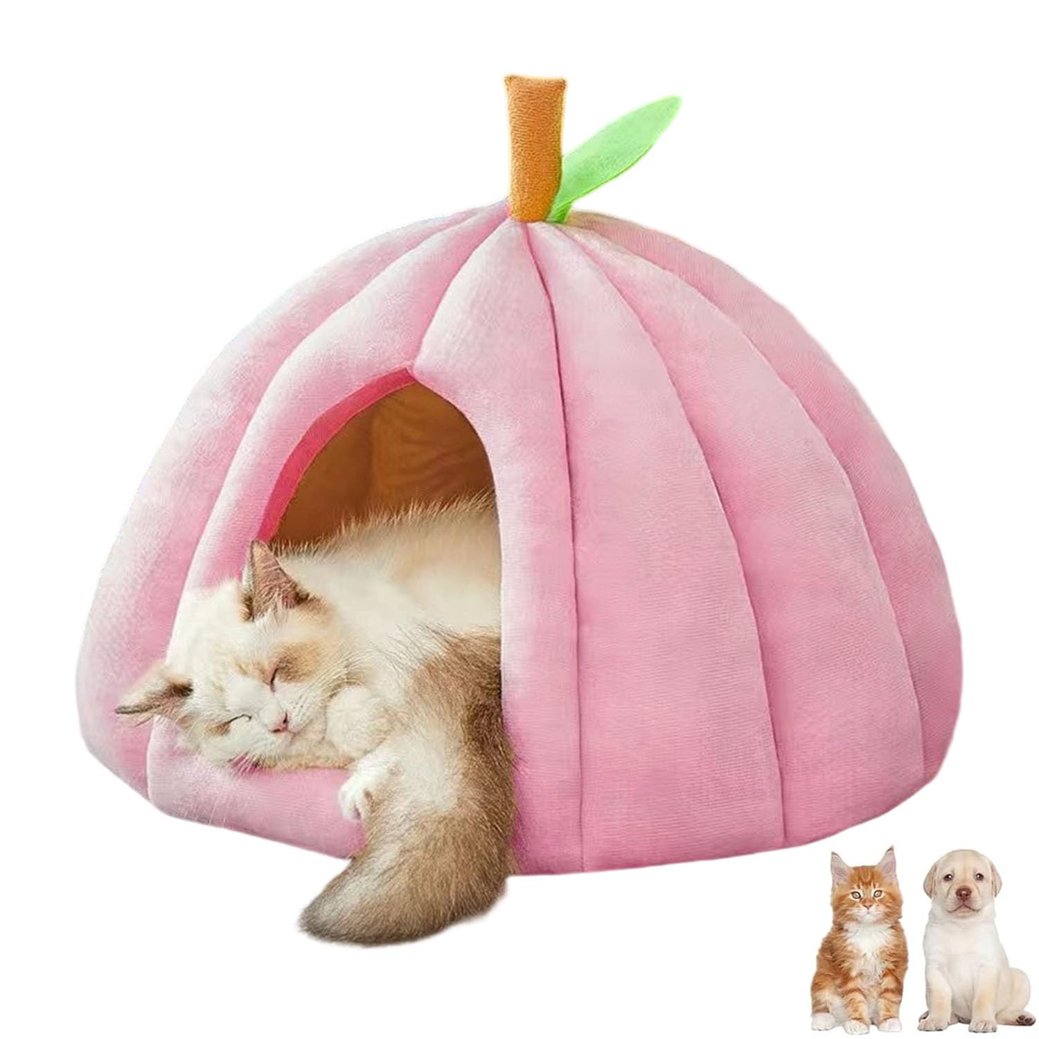 Pumpkin Cat Bed, Cute Pumpkin Shape Cat Cave, Halloween Cats Bed House with Removable Cushion, Soft Plush Pet Cave for Indoor,Kittens & Small Dogs (Pink, M)