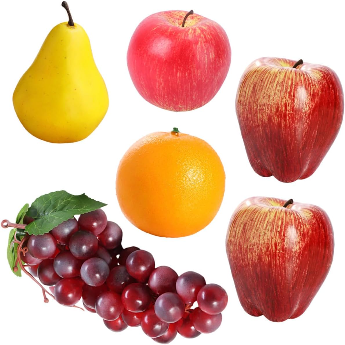 Holibanna 6pcs Artificial Fruit Model Set – Lifelike Simulation Fruits Including Red, Golden Pear, Orange, and Grape – Foam Material Home Décor for Kitchen, Table, and Photography Props