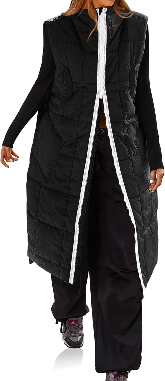 Cicy Bell Womens Long Quilted Puffer Vest Lightweight Sleeveless Winter Jackets Side Slit Packable Coats