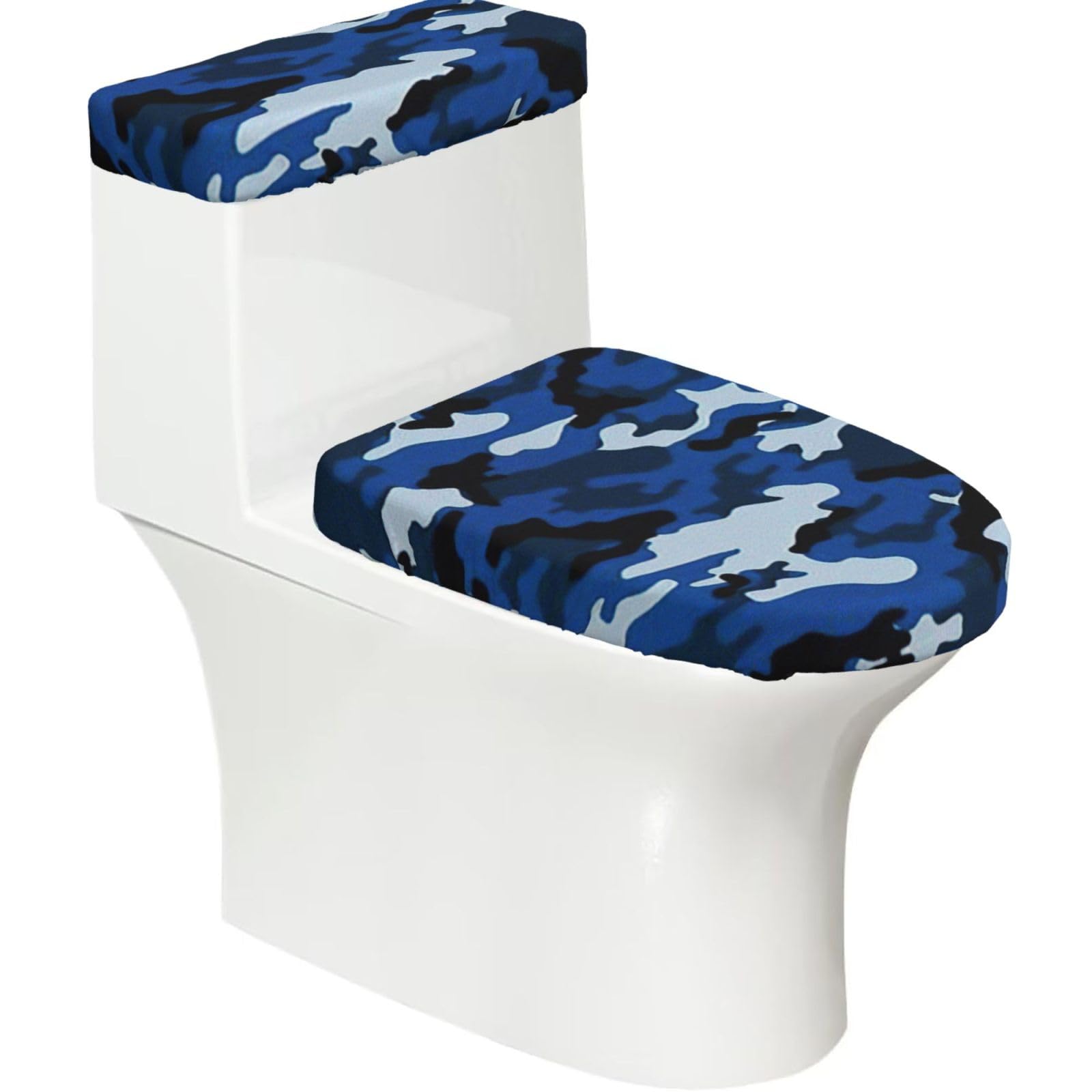 Blue Camo Printed Toilet Tank and Lid Cover Set of 2 for Most Bathrooms, Fits Elongated Round Toilets