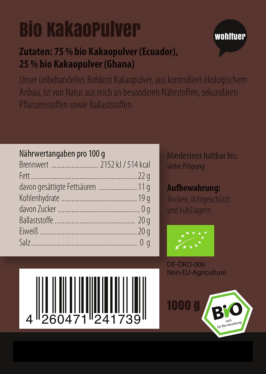 Roh Kakaopulver Rohqualität Bio + Von Wohltuer + Nicht geröstet + Kalt verarbeitet + Aus Kleinbauernkooperative (1000g)