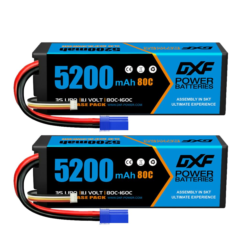 DXF Power Up Your RC Hobby with 3S LiPo Battery Packs - lipo battery 11.1V 80C 5200mAh Hardcase 3s lipo with EC5 Plug for RC Car, Airplane, Helicopter - 2 Packs