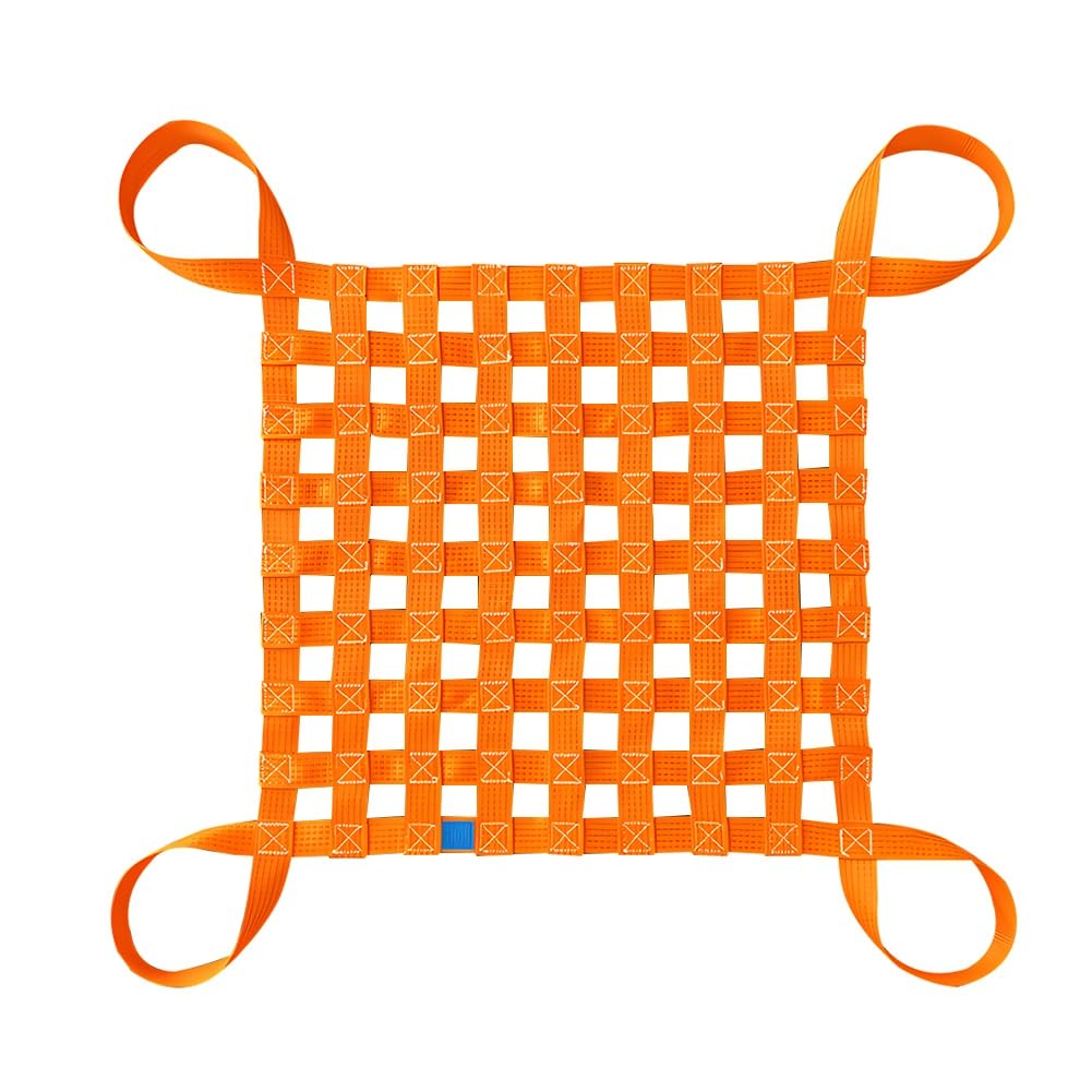WQPMNYG Hoisting Lifting Nets,Heavy-Duty Cargo Hoisting Net, Tear-Resistant Safety Lifting Straps, 1x1m Flat Nylon Sling, High Load Capacity 1T, Durable Orange Mesh Hoist Net for Secure Ca