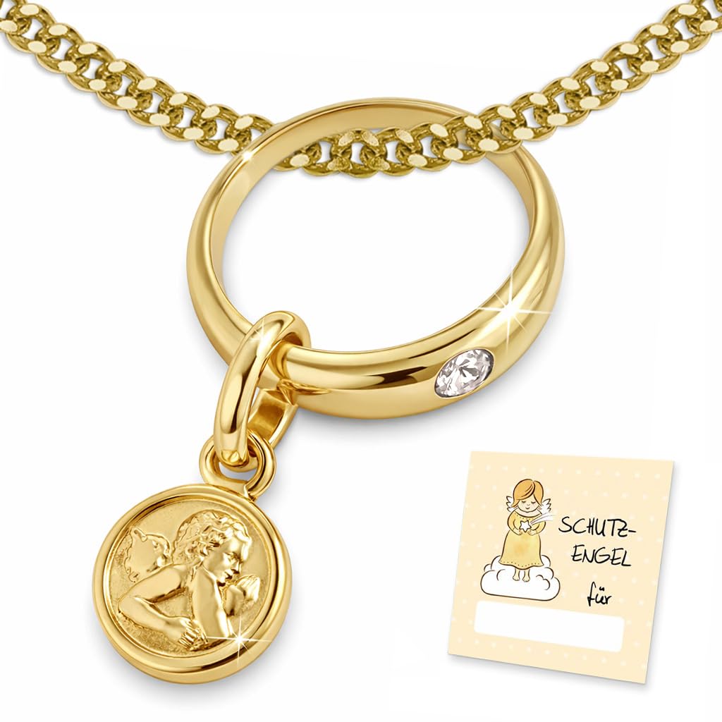 CLEVER SCHMUCK Taufkette Gold mit Schutzengel Taufring weiß mit Panzerkette 36 cm Sterling Silber vergoldet 925 im Etui Taufe