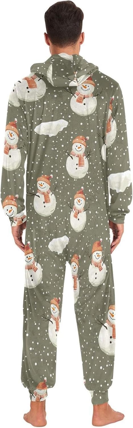 ZZKKO Winter Snowy Snowman Adult Onesie Pajamas for Women Men Cozy One Piece Pajamas Costume Zip-Up Hooded S-XL