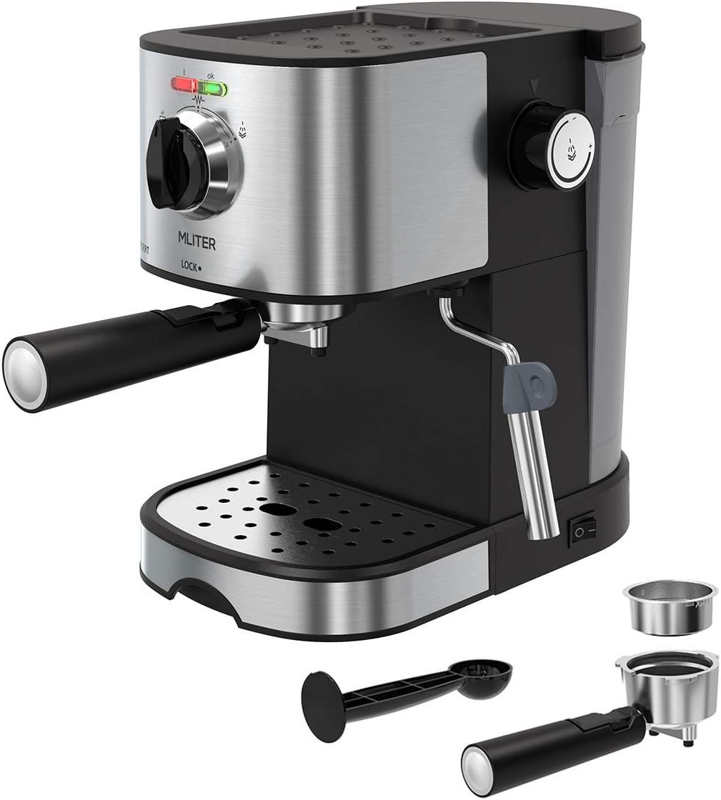 MLITER Coffee Maker Espresso Cappuccino Coffe Machine with Pump, Steam Wand, Measuring Spoon with Tamper for Hot Drinks, Cappuccino, Home - Black