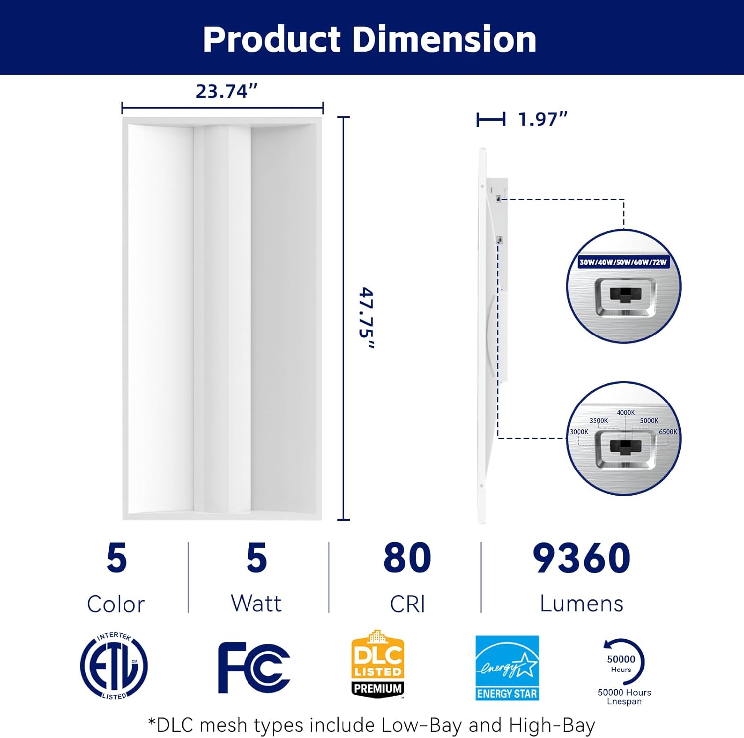 24Pack 2x4 LED Troffer Light, 72/60/50/40/30W,Up to 9360 Lumens,5CCT Color Tunable 3000K-6500K, 0-10V Dimmable Drop Ceiling Lights, 120-277V-ETL&DLC Qualified