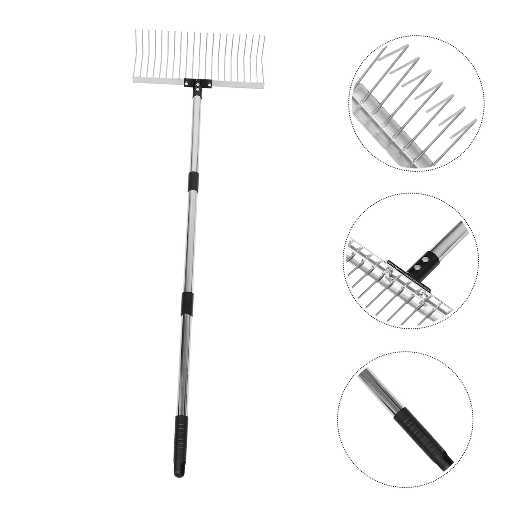 Rastrillo de jardín de metal resistente con mango de acero inoxidable desmontable, perfecto para aireación del suelo, nivelación del césped y recolección eficiente de hojas en tu jardín