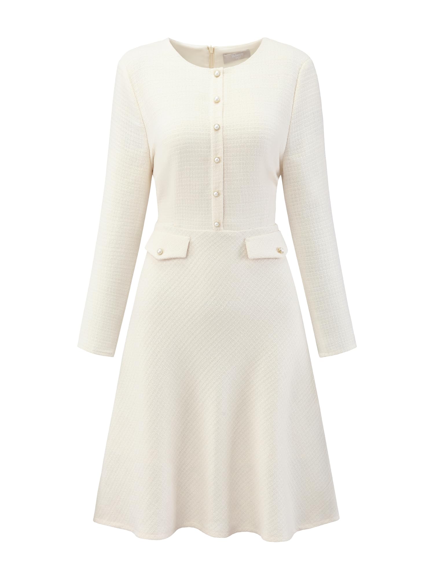 Womens Tweed Dress Long Sleeve Crew Neck Vintage Work Office Flare A-Line Dresses