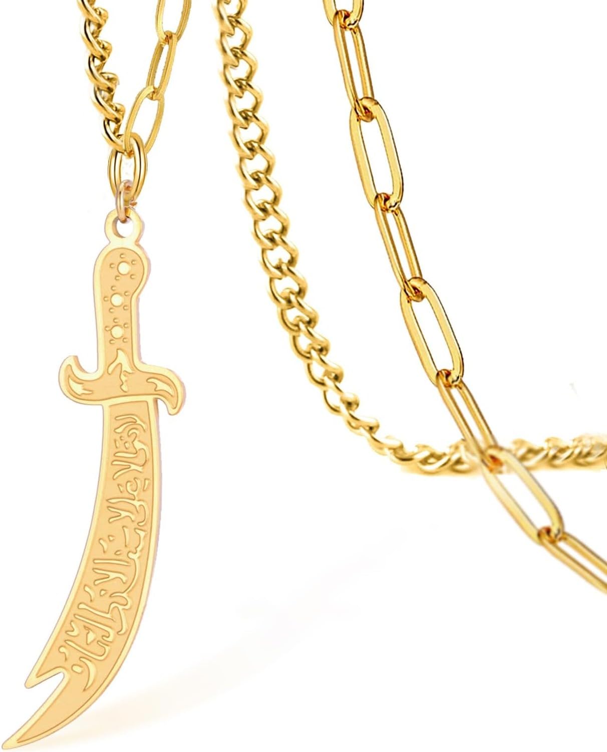 GIOFEOIK Sword Pendant Necklace for Men Women Zulfiqar Pendant Dagger Necklace Arabic Rune Islamic Muslim Jewelry Talisman Amulet Baraka Religious Gift, Silver