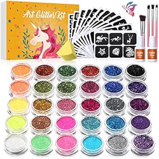 Glitter Tattoos for Kids, Bledras Temporary Glitter Tattoo Kit, 30 Colors Glitter, 147 Stencils, 2 Glue, 4 Brushes, Glitter Make Up Kit for Kids & Adults, Gift for Girls Boys Birthday Party Festival