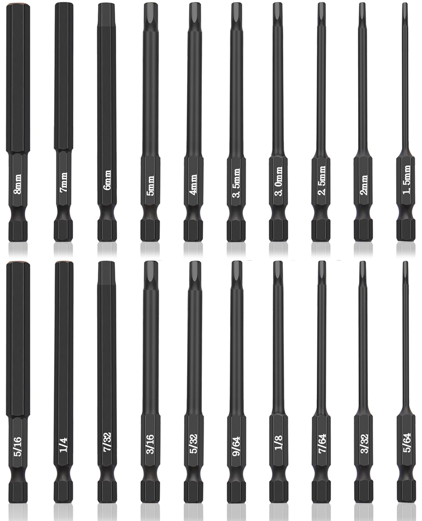 20 Piece Hex Head Allen Wrench Drill Bit Set, 1/4 Inch Shank Metric and SAE S2 Steel Hex Bit Set, Magnetic Tips 3 Inch Long