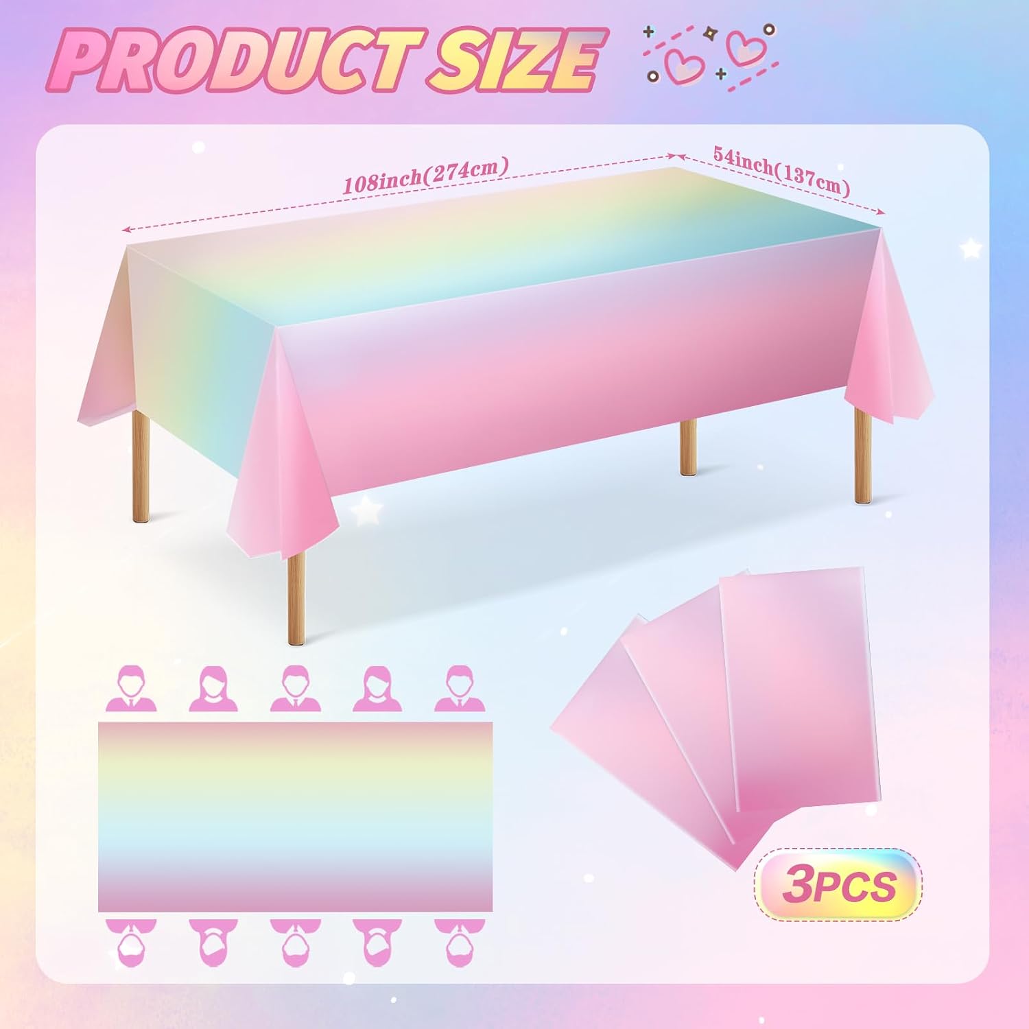 mwellewm 3 Pcs Rainbow Tablecloths Rectangular Plastic Table Cloth Disposable Pastel Table Cloths for Parties Decorations Party Supplies Table Cover for Birthday Baby Shower Wedding Princess 54x108in