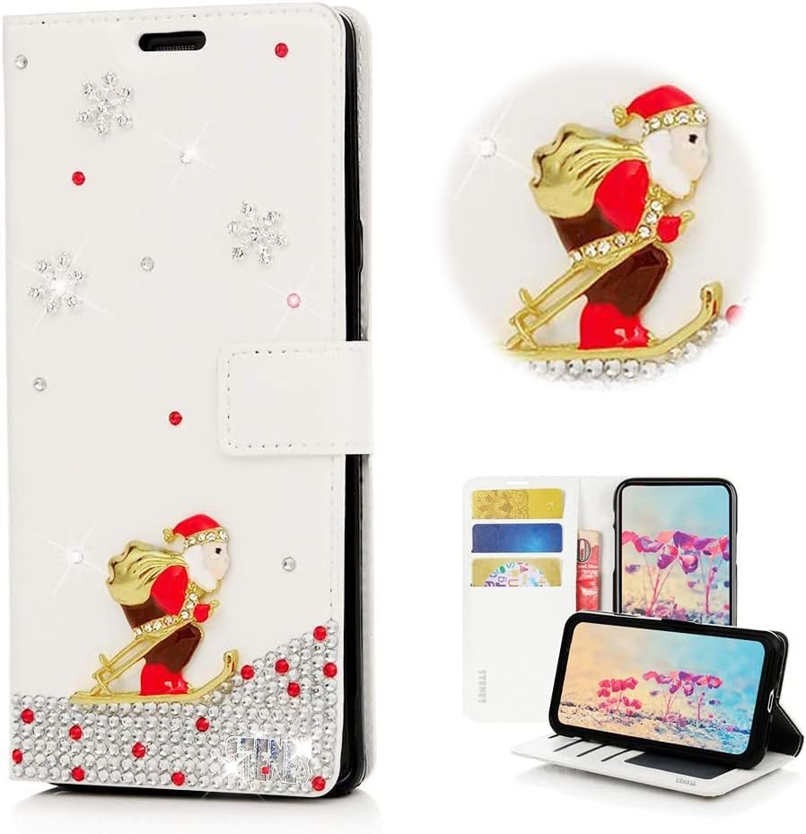 STENES Bling Wallet Phone Case Compatible with Samsung Galaxy A52 5G Case - Stylish - 3D Handmade Skiing Santa Claus Snow Design Leather Cover with Neck Strap Lanyard [3 Pack] - Red