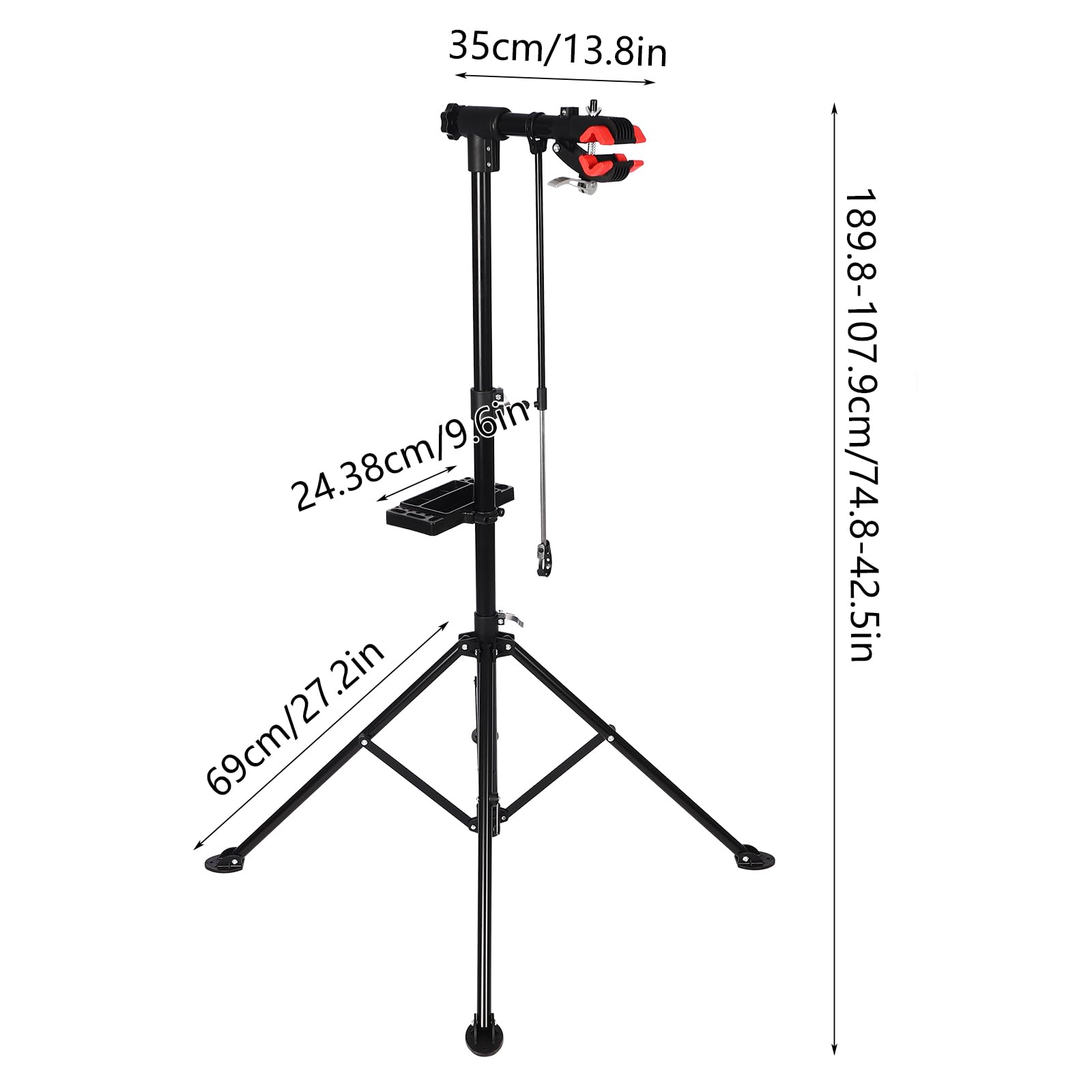 Supporto per montaggio per bicicletta, pieghevole, regolabile in altezza, set di riparazione con ripiano per attrezzi, asta di bilanciamento (nero + rosso)