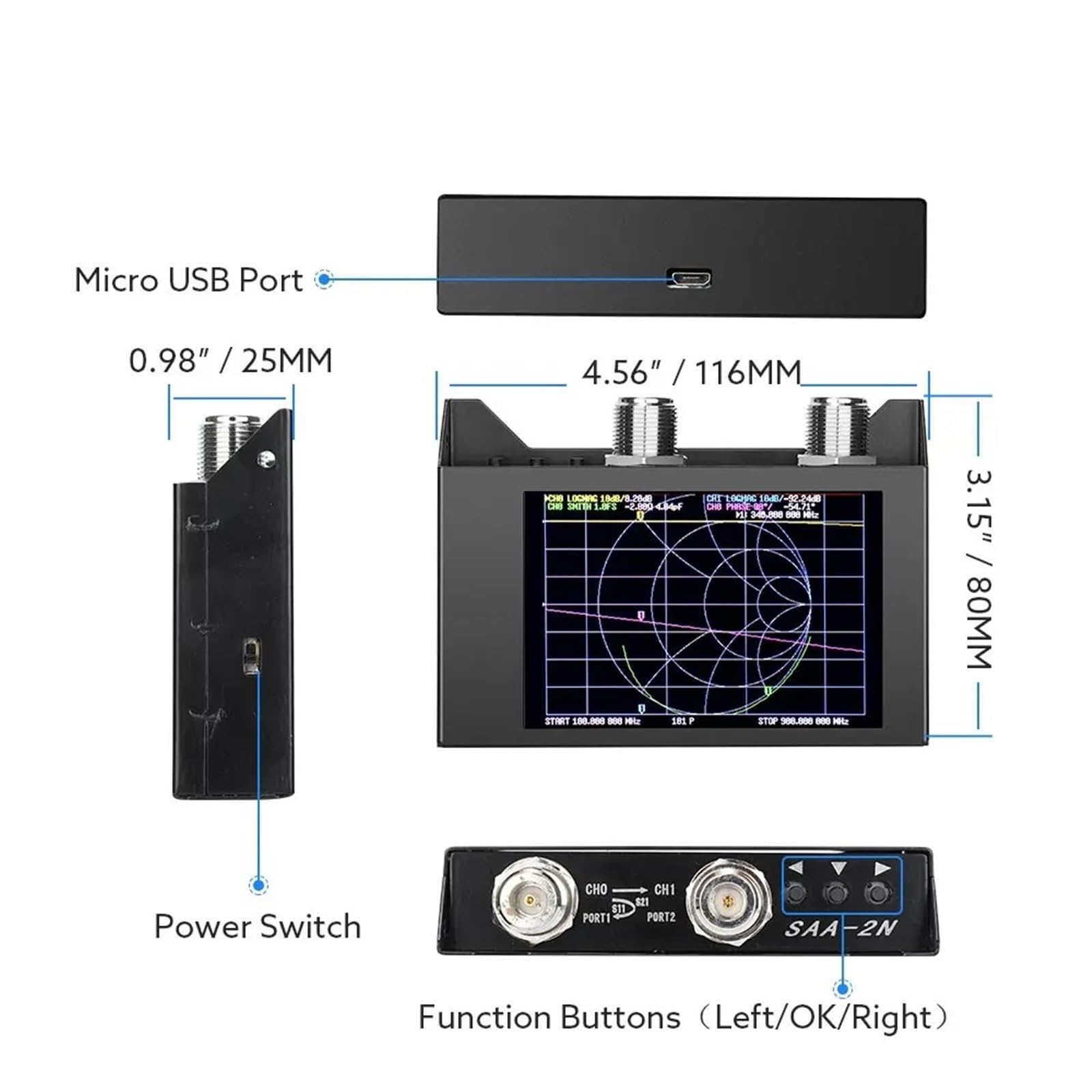 Netzwerkanalysator, NanoVNA SAA-2N VNA-Antennenanalysator 4-Zoll-Display 50 KHz -3 GHz Vektornetzwerk HF VHF UHF,für die Netzwerkkabeldiagnose