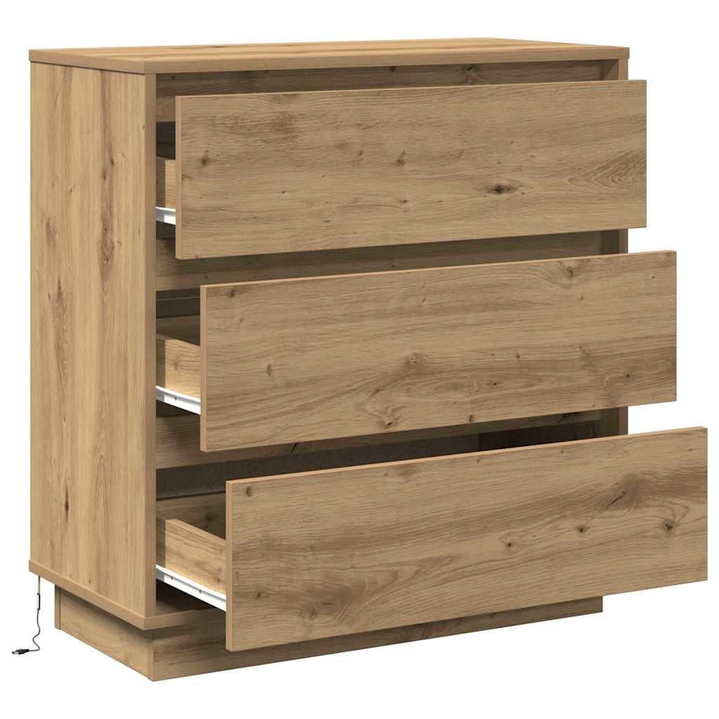 Nachttisch Artisan-Eiche 71 x 34,5 x 75 cm Holzwerkstoff mit LED-Lichterkette Beistelltisch, Schlafzimmer Organizer, Schubladen, Stauraum, moderner Fachkonsole für Schlafzimmer, Wohnzimmer