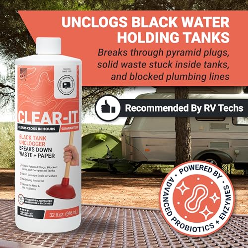 Unique Clear-It RV Black Tank Unclogger Liquid - Breaks Through Pyramid Plugs, Compacted Tanks, and Clogged Pipes (32 oz) Packaging May Vary