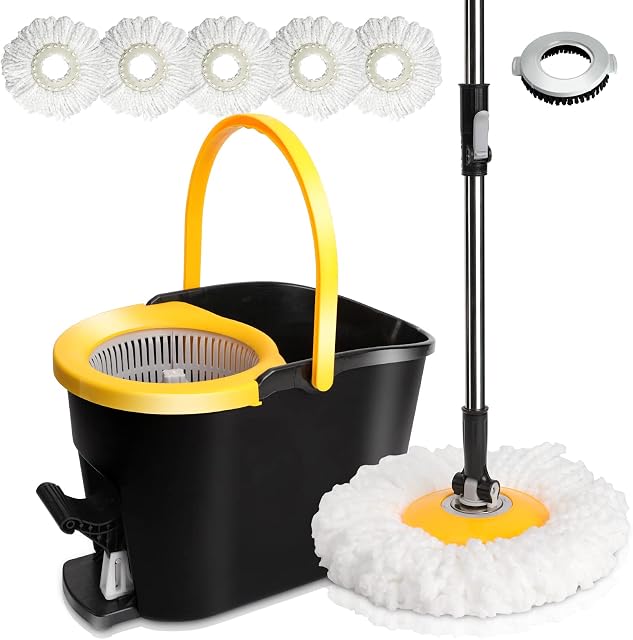 Midyb Spin Mop and Bucket Set, Microfibre Floor Mops with Foot Pedal Bucket & 5 Microfiber Mop Heads, Flat Mop and Buckets Sets for Cleaning Hardwood Laminate Tile, Send 1 Brush Head