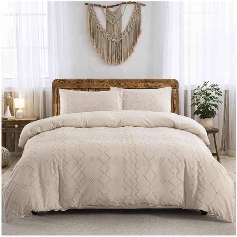 Bedding Set Boho for All Seasons, 2/3 Pieces Chic Geometric Tufted Duvet Cover, Comforter Not Included Soft(Khaki,EU Double(200x200cm))