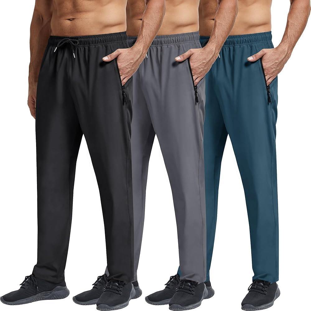 Men's Sweatpants with Zipper Pockets Open Bottom Lightweight Hiking Pants Elastic Waist Track Pants for Gym Workout