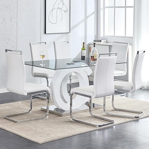 Miniatura 15 de Juego de mesa de comedor de 63 pulgadas para 6, juego de mesa de comedor de cristal moderno para 6, mesa de vidrio templado con 6 sillas ergonómicas