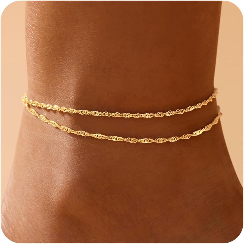 Gold Ankle Bracelets for Women, 14k Gold Plated Waterproof Singapore Link Chain Anklets Set, Layered Anklet Bracelets for Women Beach Gift