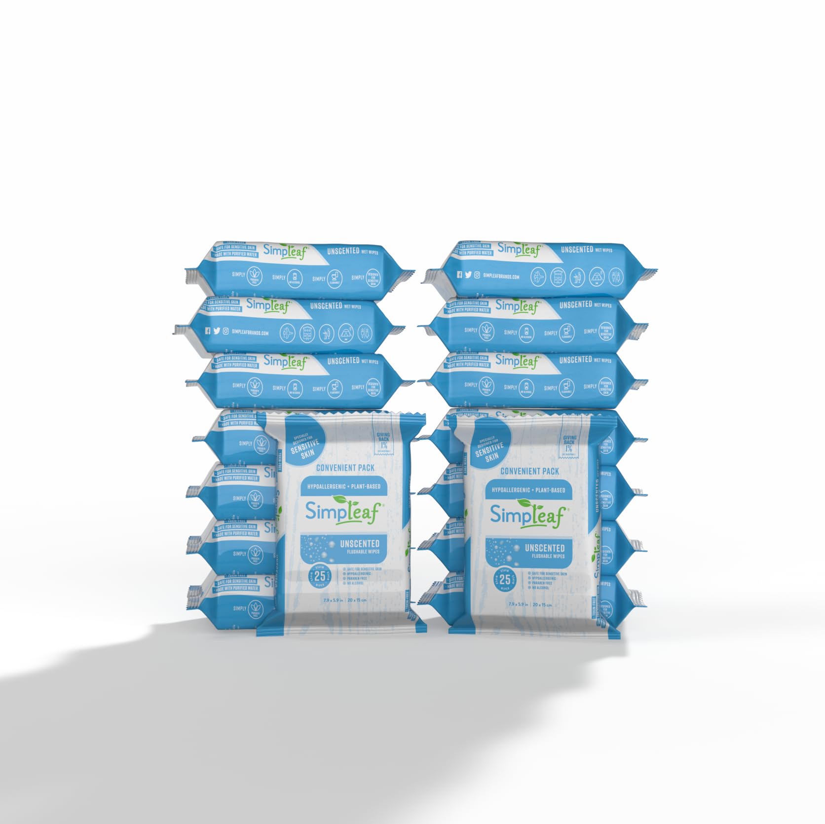 Simpleaf Salviette umidificate lavabili, ecologiche, prive di parabeni e alcool, ipoallergeniche e sicure per pelli sensibili, formula di aloe vera inodore (25 pezzi), 16 confezioni, grandi
