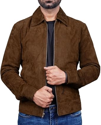 Mens Casual Polo Collar Premium Suede - Old School Classic Style Everyday Wear Suede Leather Jacket For Men