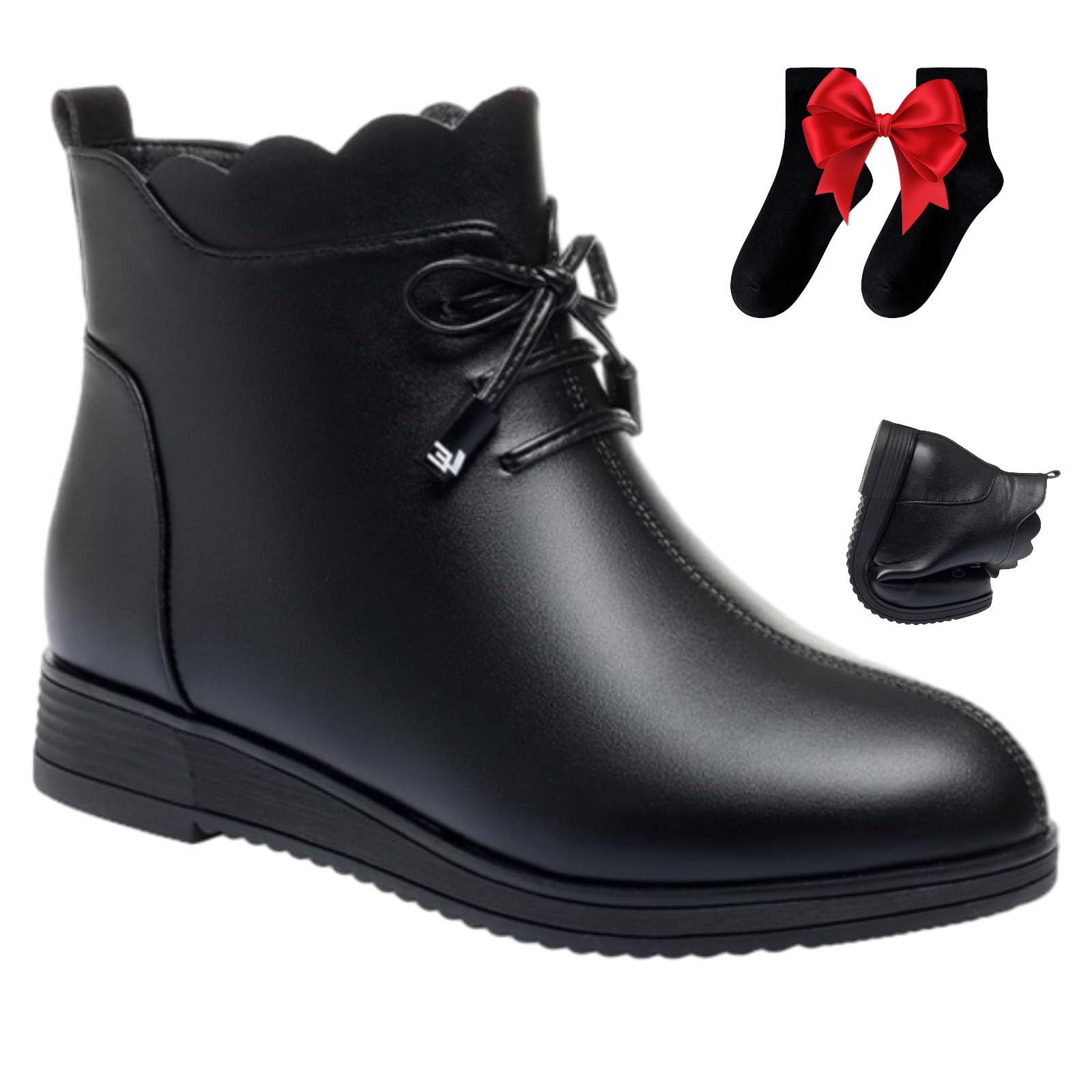 Women's Genuine Leather Orthopedic Lace-up Ankle Boots, Wedge Platform Winter Boot Warm Side Zipper Fur Lined Snow Booties