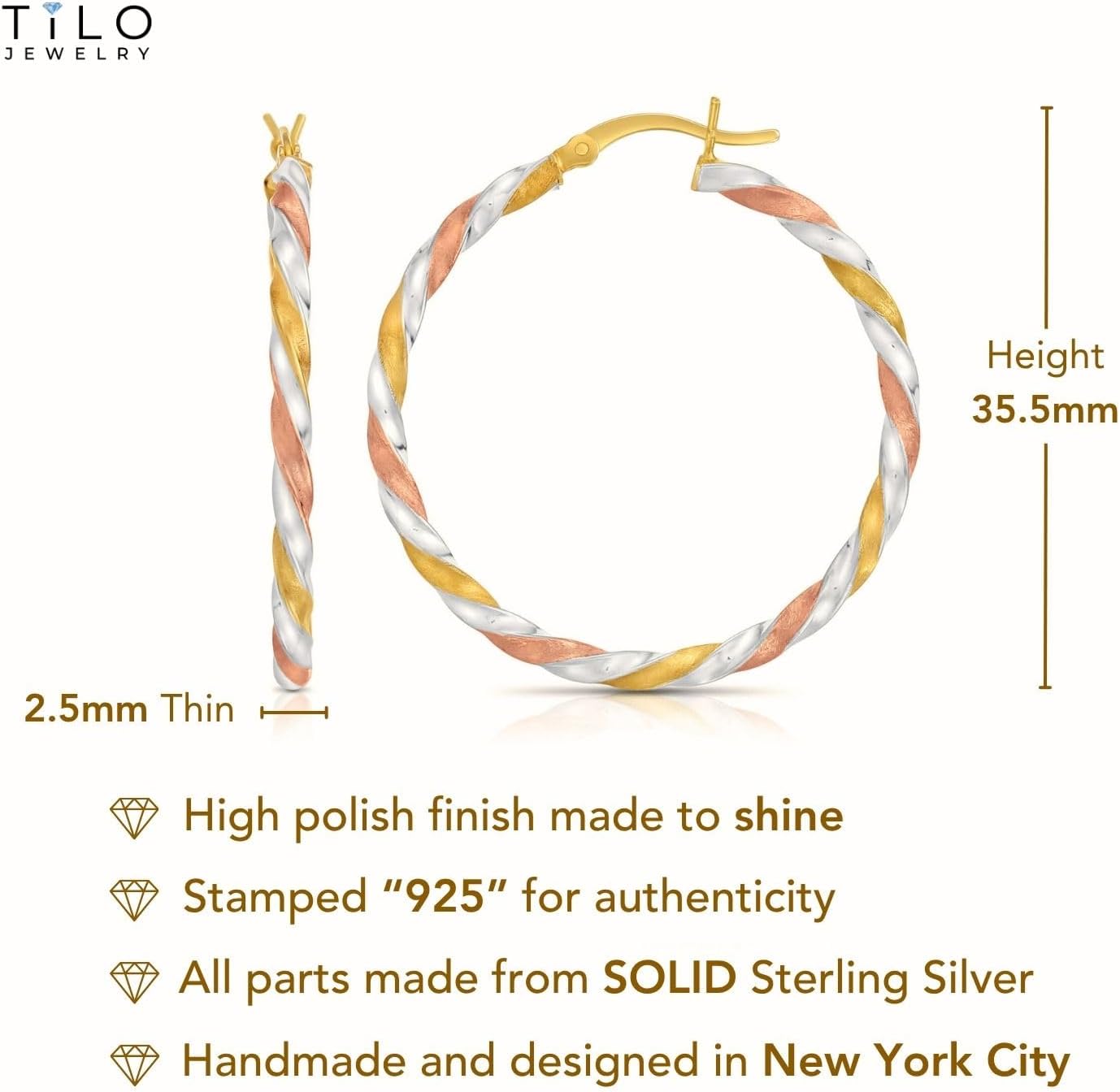 Sterling Silver Tricolor Three-Tone Hoop Earrings - Image 4