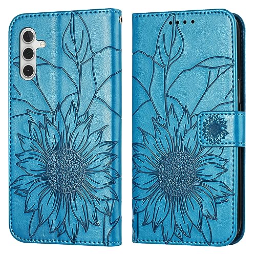 Étui portefeuille Samsung A15 bleu fleuri idéal pour ranger ses cartes en voyage avec clapet
