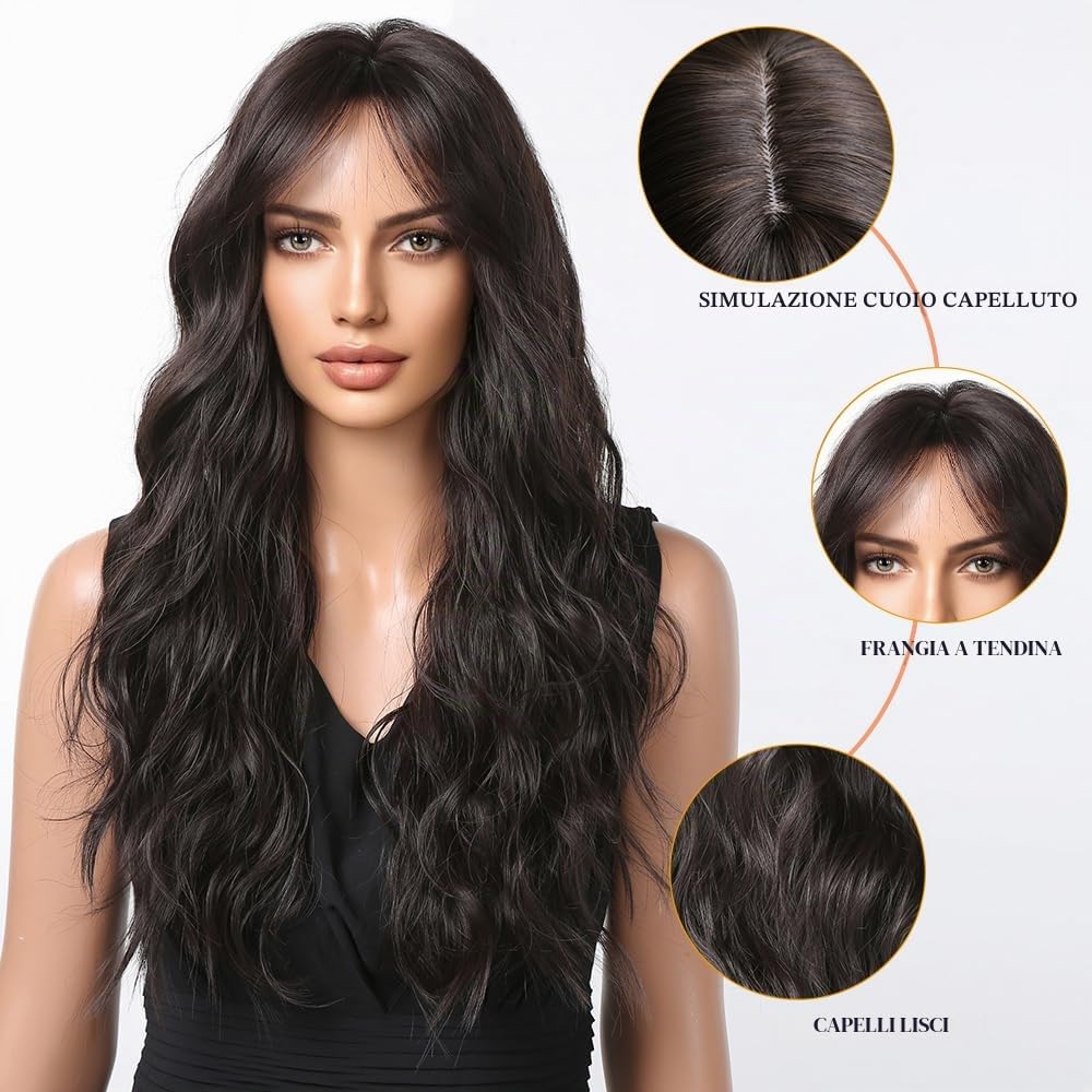 Esmee Parrucche Lunghe Ondulate Marrone Scuro per le Donne Natuaral Capelli Sintetici Resistenti al Calore Parrucca Brunette per Uso Quotidiano Cosplay Party