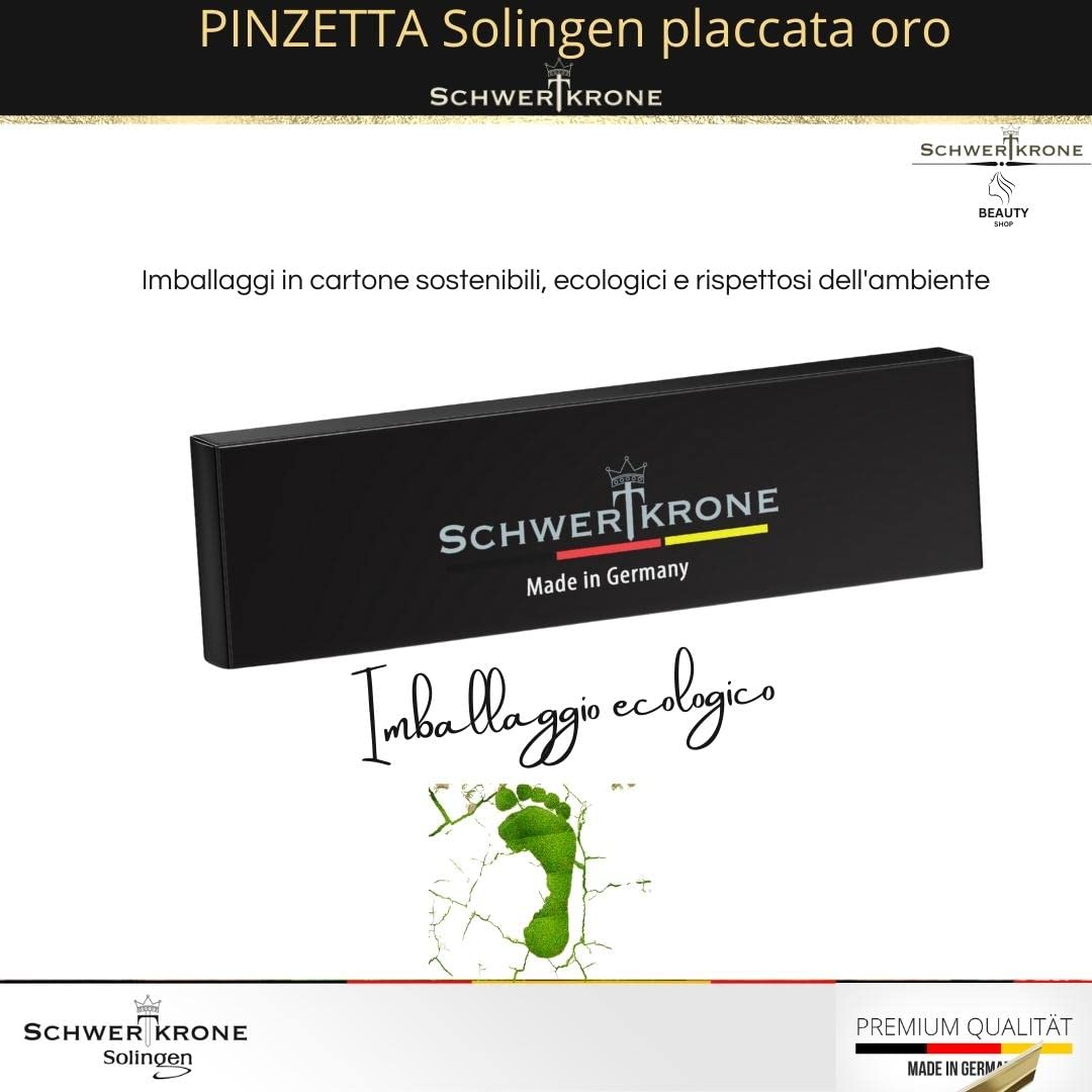 SCHWERTKRONE Pinzetta Professionale Solingen 8 cm - Inclinata e Angolata per Sopracciglia - Placcata Oro, Prodotto in Germania