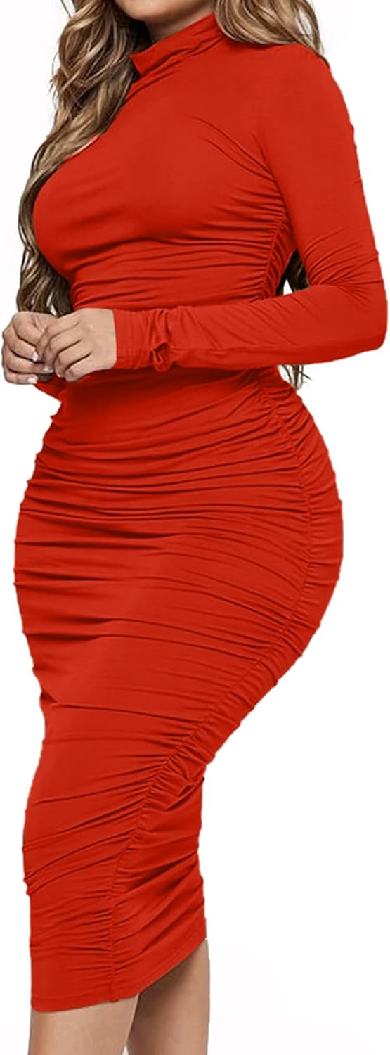 Ekaliy Women's Ruched Bodycon Midi Dress Mock Neck Long Sleeves Party Club Dresses - Image 2