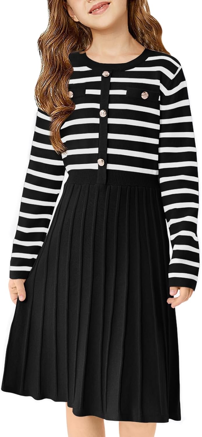 Haloumoning Girls Sweater Dress Knit Long Sleeve Striped A Line Pleated Fall Winter Dresses 5-14 Years