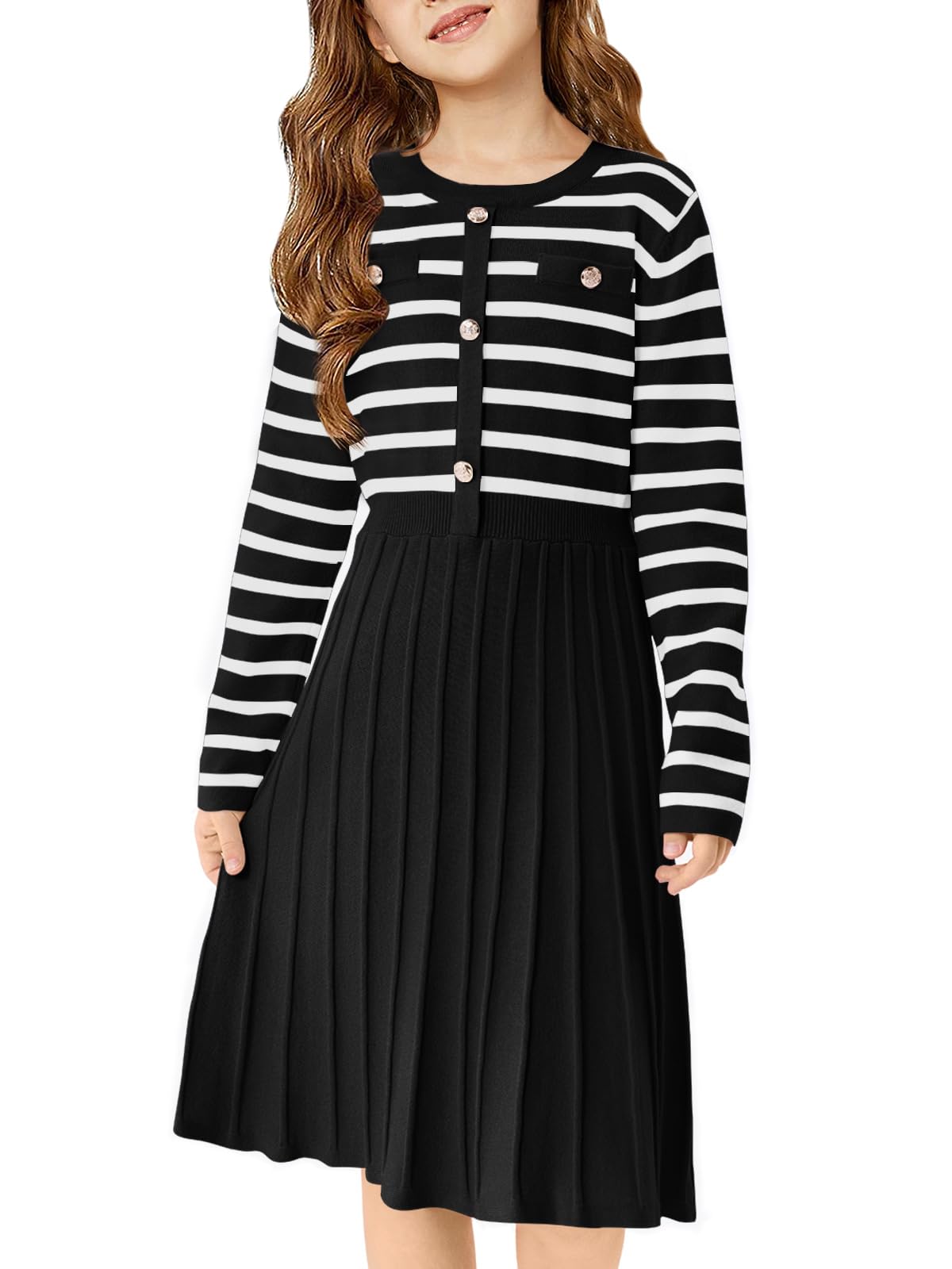 Haloumoning Vestido tipo suéter de punto para niñas, de manga larga, a rayas, plisado, para otoño e invierno, 5-14 años